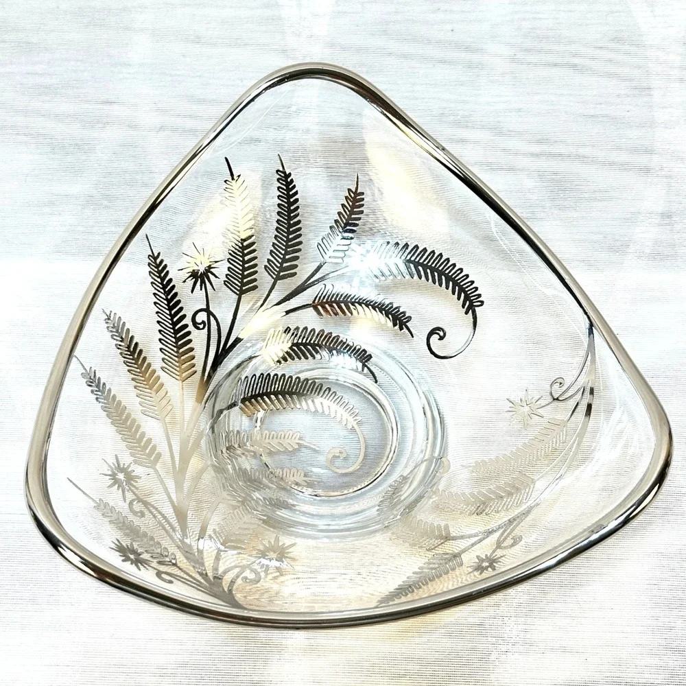 Vintage Triangular Clear Glass Silver Overlay Fern Design Footed‎ Candy Dish